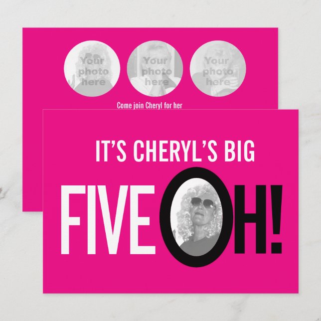 Convites 50º aniversário 50º aniversário 5 OH! foto cor-de- (Frente/Verso)