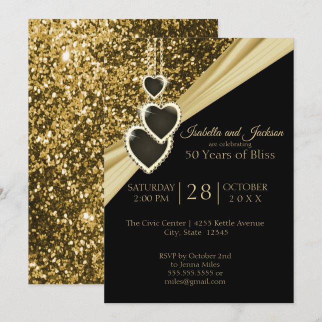 Convites 50º Aniversário Brilho Dourado (Frente/Verso)