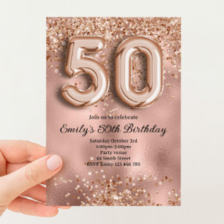 Convites 50º Aniversário Brilho Dourado Rosa