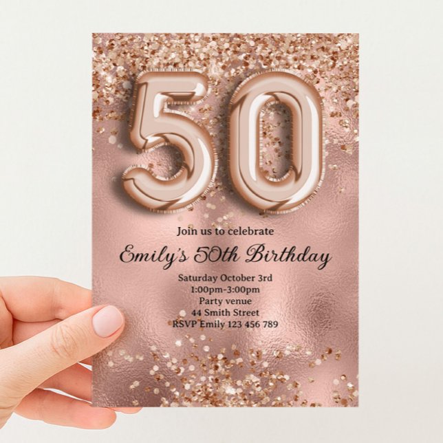 Convites 50º Aniversário Brilho Dourado Rosa (Criador carregado)
