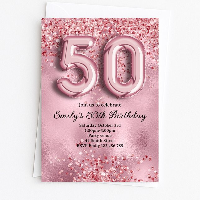 Convites 50º Aniversário Brilho Rosa (Criador carregado)