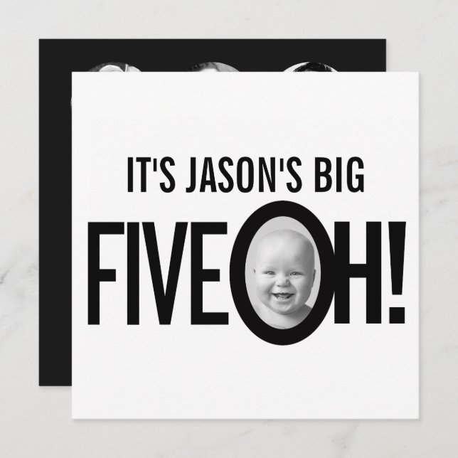 Convites 50º aniversário CINCO OH! foto mono preto branco (Frente/Verso)