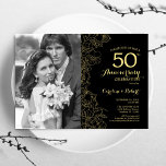 Convites 50º Aniversário com Foto - Dourado Floral Preto<br><div class="desc">50º Aniversário com Foto - Convite Floral Dourado Preto. Design moderno com desenhos botânicos desenhados em destaque e letra de script de tipografia. Simples trendy convide cartão perfeito para uma festa de ouro de cinquenta anos de casamento. Pode ser personalizado para refletir qualquer ano de casamento. Impressos convites Zazzle ou...</div>
