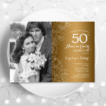 Convites 50º Aniversário com Foto - Dourado White Floral<br><div class="desc">50º Aniversário com Foto - Dourado Convite Floral Branco. Design moderno com desenhos botânicos desenhados em destaque e letra de script de tipografia. Simples trendy convide cartão perfeito para uma festa de ouro de cinquenta anos de casamento. Pode ser personalizado para refletir qualquer ano de casamento. Impressos convites Zazzle ou...</div>