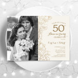 Convites 50º aniversário com foto - Ivory Dourado Floral<br><div class="desc">50º Aniversário Com Foto - Convite Floral Dourado De Marfim. Design moderno com desenhos botânicos desenhados em destaque e letra de script de tipografia. Simples trendy convide cartão perfeito para uma festa de ouro de cinquenta anos de casamento. Pode ser personalizado para refletir qualquer ano de casamento. Impressos convites Zazzle...</div>