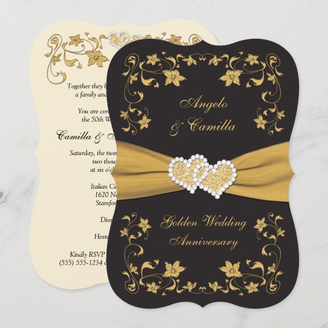 Convites 50º Aniversário Corações Unidos, Marfim Preto Dour (Frente/Verso)