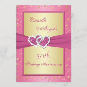 Convites 50º Aniversário Corações Unidos Rosa e Dourado