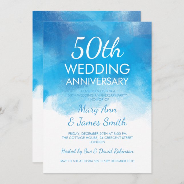 Convites 50º Aniversário da Casada - Blue Watercolor (Frente/Verso)