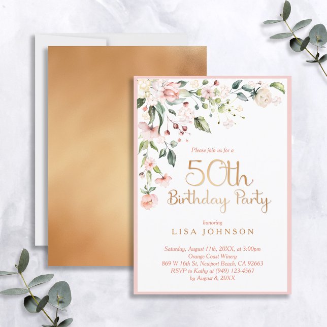 Convites 50º Aniversário da Mulher Floral Rosa Elegante e D (Easily personalize this birthday invitation with your personal details  for a very special event!)