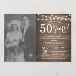 Convites 50º Aniversário da Rússia Madeira<br><div class="desc">Convite de aniversário de 50 anos de casamento com foto personalizada. Fundo Rustic Wood. Luzes de Corda. Preto e Branco. 1rua, segundo, 3º, 4º, 5, 10º, 15, 20, 25, 35º, 45º, 45º, 50º, 55º, 60º, 65º, 70, 75º, 80, Qualquer Ano. Aniversário Adulto. Mulher ou Festa de aniversário masculina. Para mais...</div>