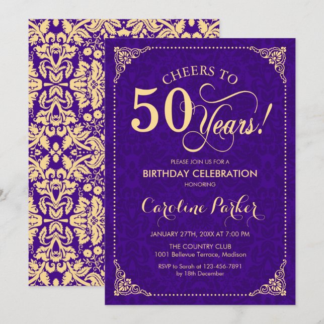 Convites 50º aniversário - Damasco Dourado Roxo (Frente/Verso)