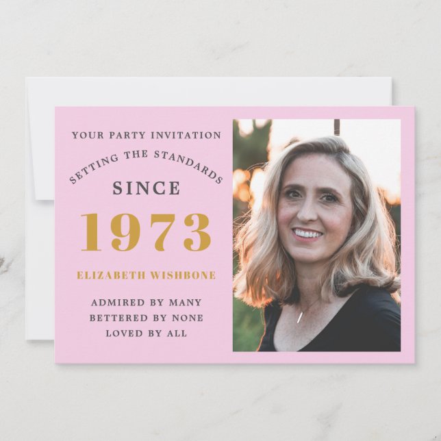 Convites 50º Aniversário de 1973 Nome Cinza Rosa Fotográfic (Frente)