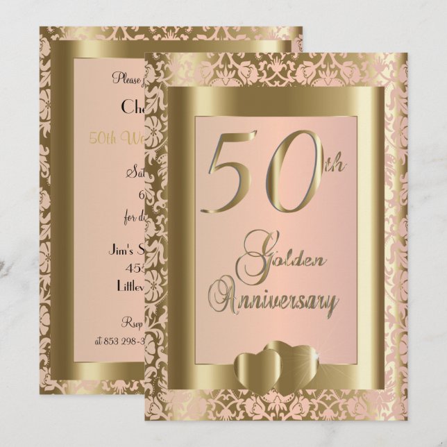 Convites 50º Aniversário de Bodas de Ouro e de Rosa | Texto (Frente/Verso)