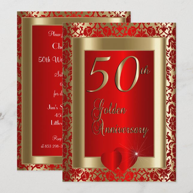 Convites 50º Aniversário de Bodas de Ouro e Vermelhas | Tex (Frente/Verso)