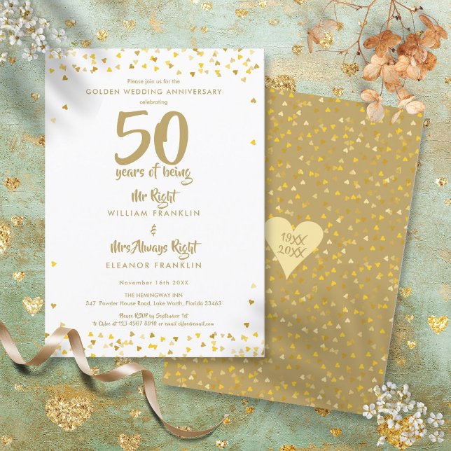 Convites 50º Aniversário de Bodas de Ouro Sr e Sra Certo Di (50th Golden Wedding Anniversary Mr Mrs Right Fun Invitation)