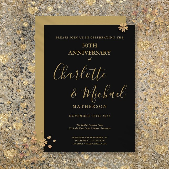 Convites 50º Aniversário de Casamento Assinatura Preto Ouro (50th Wedding Anniversary Black Gold Signature Invitation)