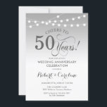Convites 50º Aniversário de Casamento - Branco Prata<br><div class="desc">Convite de Celebração de 50º Aniversário de Casamento.
Design branco e prata com luzes de fada e fonte elegante. Saúde por 50 anos! Pode ser personalizado para qualquer ano de casamento! Mensagem para mim se precisar de mais personalização.</div>