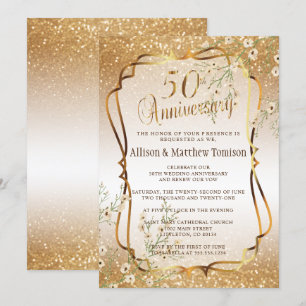 Convites 50º Aniversário de Casamento com Glitter Dourado