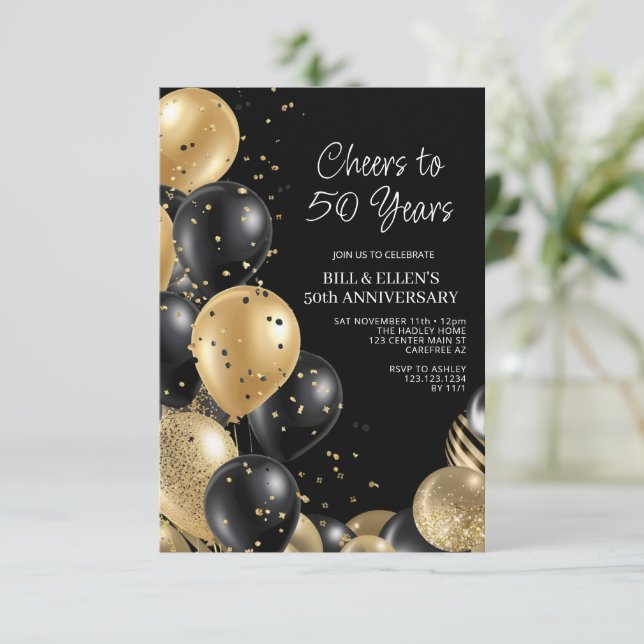 Convites 50º aniversário de casamento Dourado a preto (Em pé/Frente)
