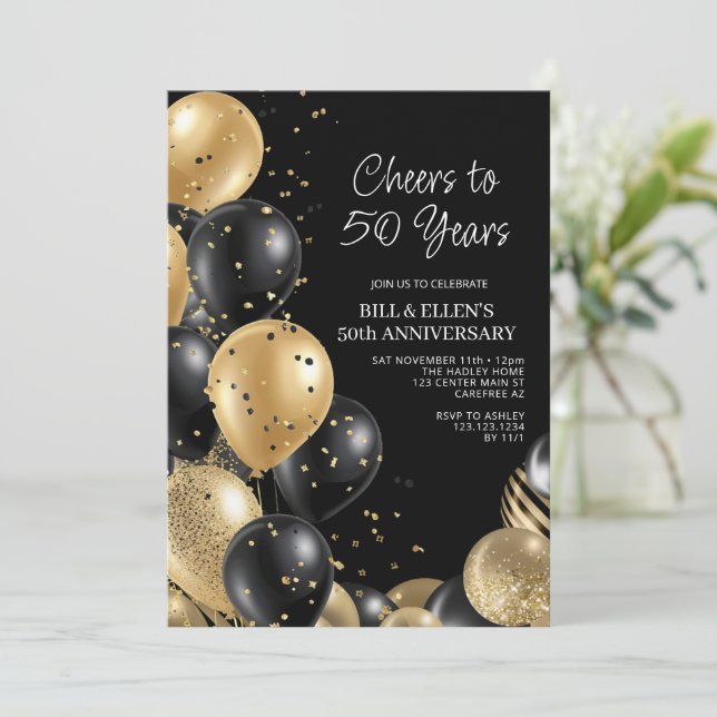 Convites 50º aniversário de casamento Dourado a preto (Em pé/Frente)