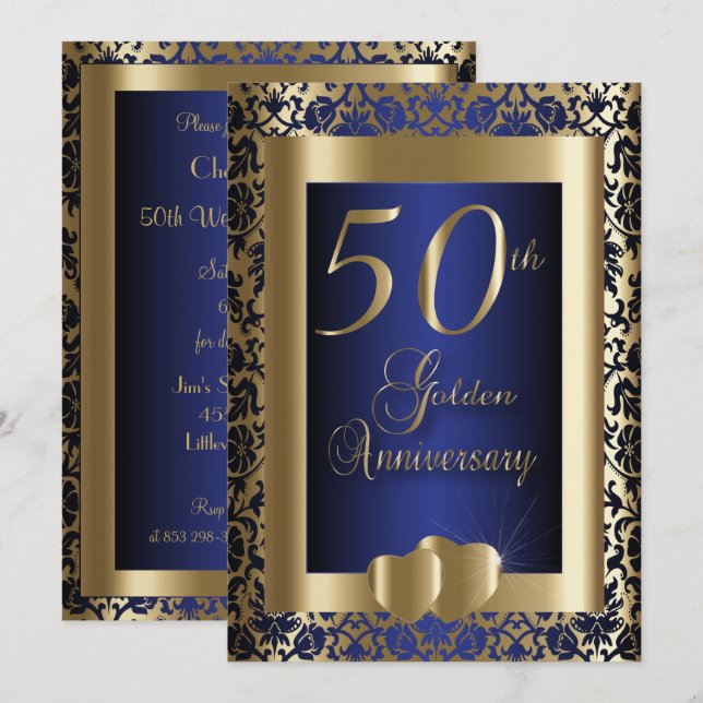 Convites 50º Aniversário de Casamento Dourado e Azul | Text (Frente/Verso)