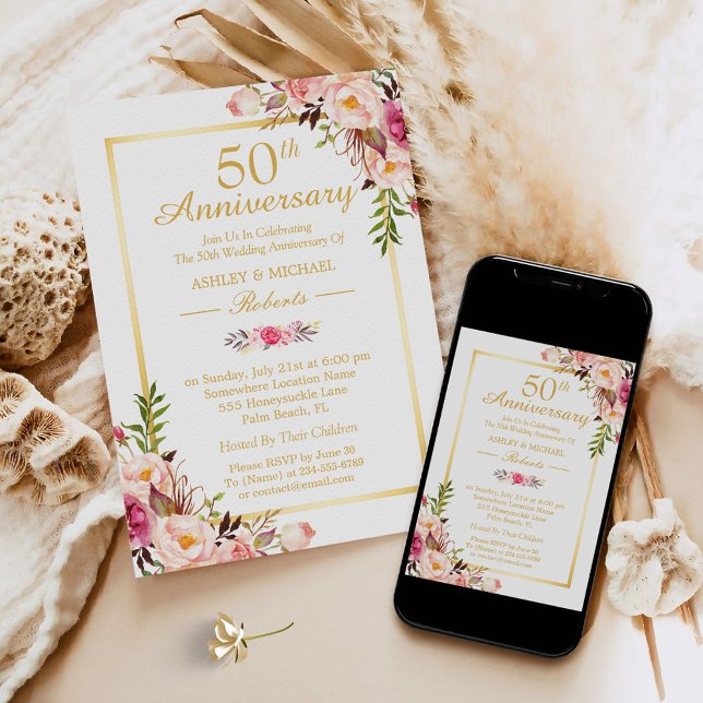 Convites 50º Aniversário de Casamento Elegante Chic Dourado (Criador carregado)