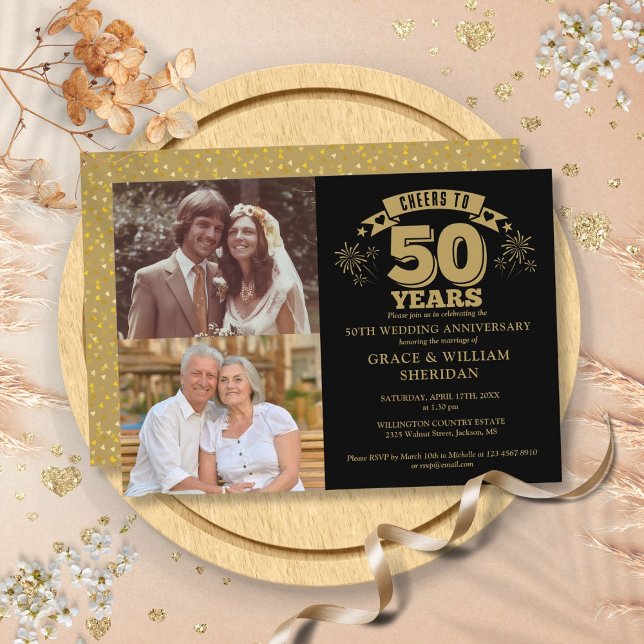 Convites 50º aniversário de casamento Foto 2 (Cheers To 50th Wedding Anniversary 2 Photo Invitation)