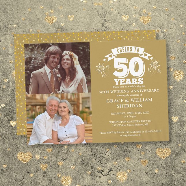 Convites 50º aniversário de casamento Foto 2 (Cheers To 50th Wedding Anniversary 2 Photo Invitation)