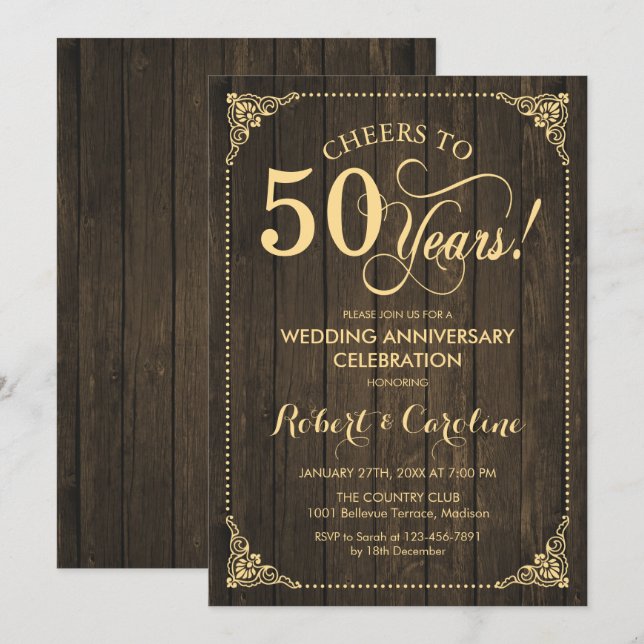 Convites 50º Aniversário de Casamento - Madeira Dourada (Frente/Verso)
