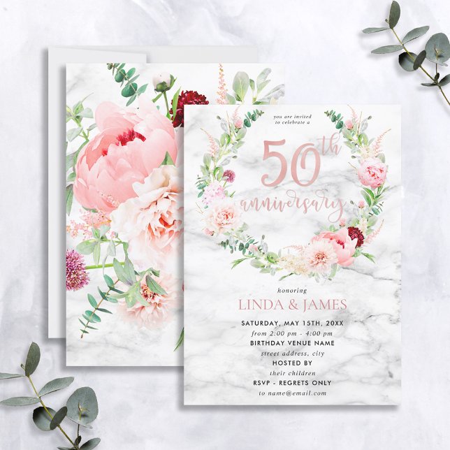 Convites 50º Aniversário de Casamento Rosa Dourada Floral E (Criador carregado)
