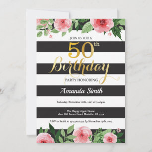 Convites 50º Aniversário de Mulheres. Preto Dourado Flora