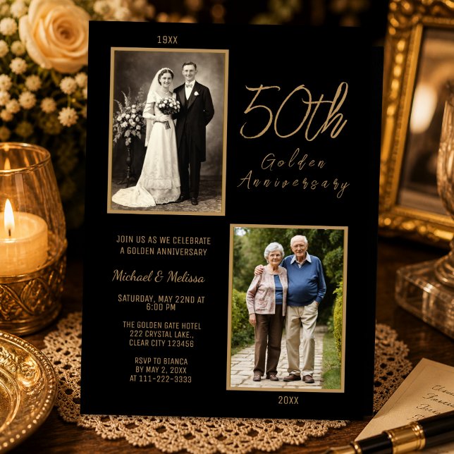 Convites 50º Aniversário de Ouro Foto Dourada (Timeless black and gold 50th golden anniversary invitation with elegant photo design.)