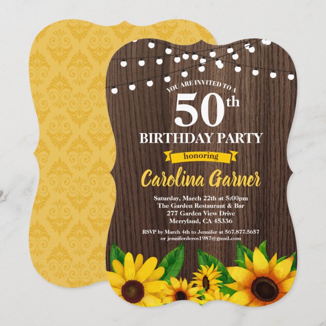 Convites 50º aniversário de Sunflower. Qualquer idade (Frente/Verso)