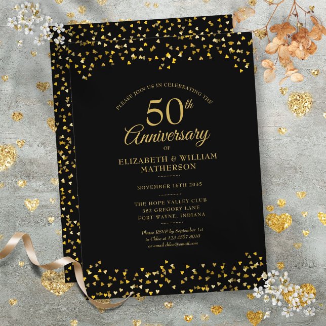 Convites 50º Aniversário do Casamento Corações Dourados do  (50th Wedding Anniversary Black Gold Love Hearts Invitation)