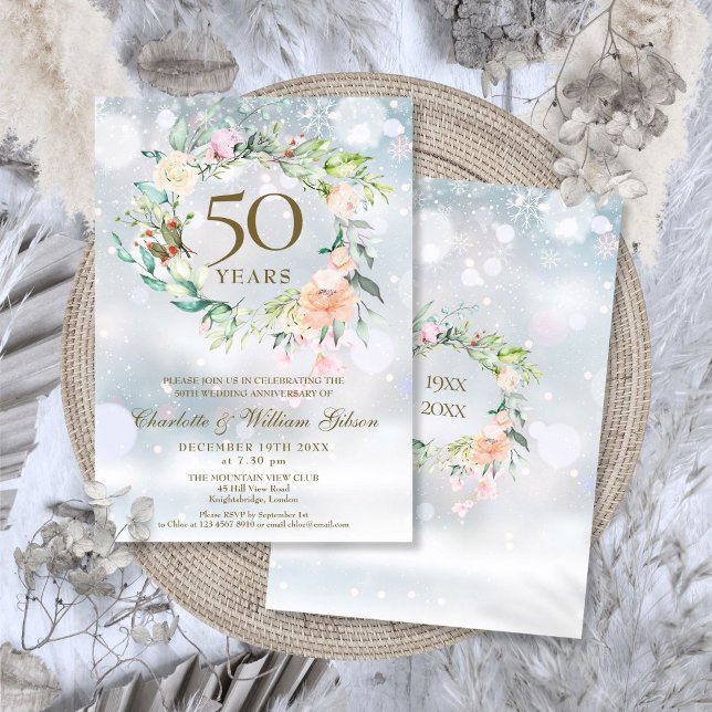 Convites 50º aniversário do casamento do Ouro Winter Floral (50th Golden Wedding Anniversary Winter Floral Invitation)
