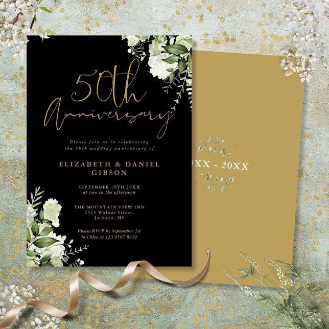 Convites 50º Aniversário do Casamento Greenery Black e Dour (50th Wedding Anniversary Greenery Black And Gold Invitation)