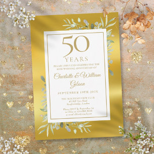 Convites 50º Aniversário do Casamento Greenery Gold Foil