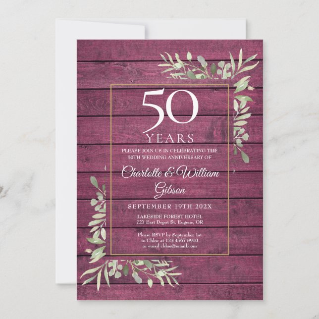 Convites 50º Aniversário do Casamento Greenery Rustic Red W (Frente)