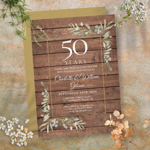 Convites 50º Aniversário do Casamento Greenery Rustic Wood