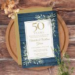 Convites 50º Aniversário do Casamento Madeira Azul Rústica<br><div class="desc">Apresentando um delicado verde-jardim de aquarela em um fundo de madeira rústica azul,  este convite de na moda pode ser personalizado com suas informações especiais de comemoração de 50 anos,  com um ouro no sentido inverso. Projetado por Thisnotme©</div>