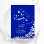 Convites 50º aniversário do Elegante Rosa Real de Prata Azu<br><div class="desc">Simples e elegante convite de aniversário 50º em azul real e prata. Design clássico com rosas, folha prateada falsa e letra de script de tipografia. A Trendy convida o cartão perfeito para uma festa de na moda. Personalize com seus próprios detalhes. Pode ser personalizado para qualquer idade. Impressos convites Zazzle...</div>