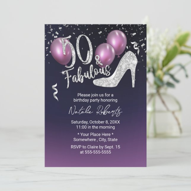Convites 50º aniversário do Elegante Roxo Fabuloso 50 (Em pé/Frente)