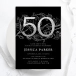 Convites 50º aniversário do Elegante Silver Black<br><div class="desc">Elegante preto prateado 50º convite de aniversário. Design feminina moderna personalizável,  com sotaques botânicos rosas e prata brilhante fraca. Simples cartão de convite floral perfeito para uma comemoração de um na moda. Personalize com seus próprios detalhes. Impressos convites Zazzle ou modelo de impressão digital instantânea para download.</div>