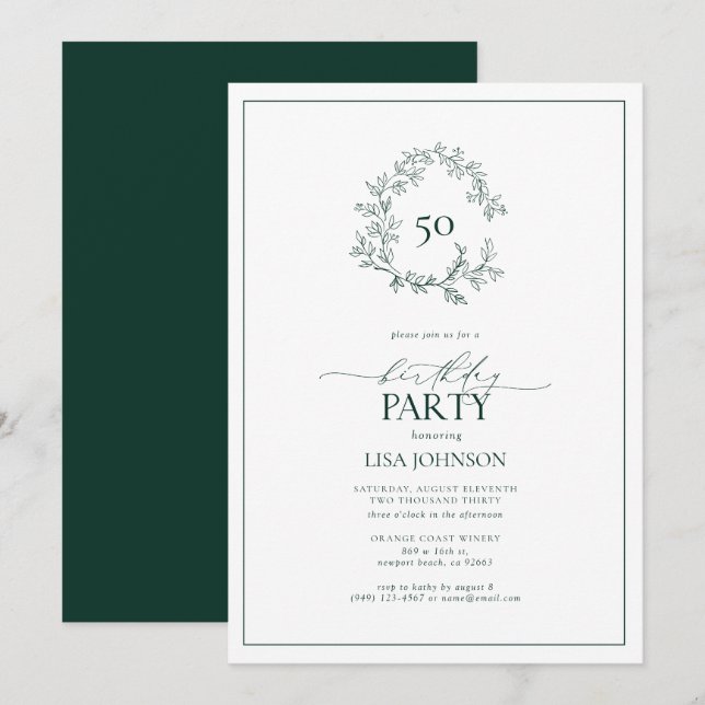Convites 50º aniversário do moderno Emerald Green Leafy Cre (Frente/Verso)