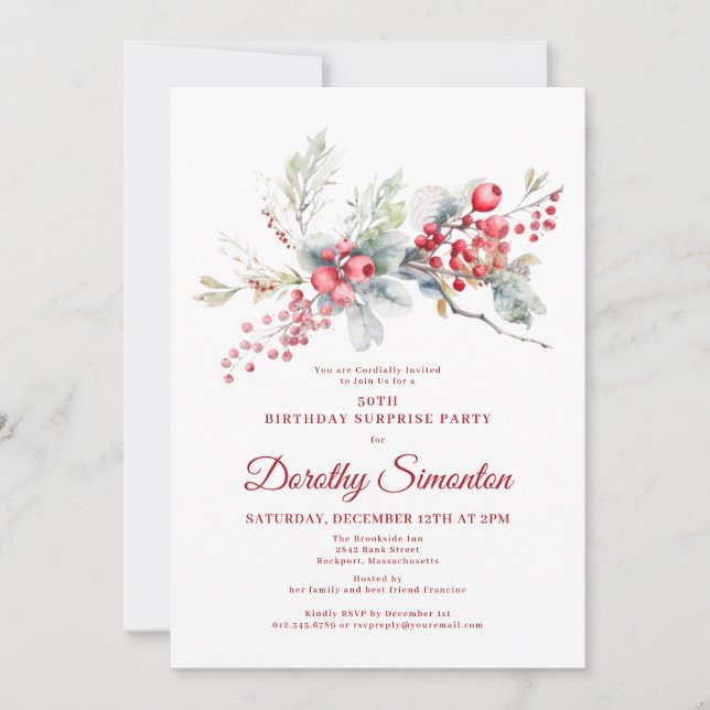 Convites 50º Aniversário do Partido Surpresa Greenery Red B (Frente)