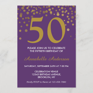 Convites 50º Aniversário do Ponto de Confetti Dourado Roxo