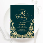 Convites 50º aniversário dos Rosas Dourados Emerald Green<br><div class="desc">Emerald Green Gold elegante 50º convite de aniversário. Design clássico com rosas, folha de ouro falsa e letra de script de tipografia. A Trendy convida o cartão perfeito para uma festa de na moda. Personalize com seus próprios detalhes. Pode ser personalizado para qualquer idade. Impressos convites Zazzle ou modelo de...</div>