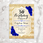 Convites 50º aniversário - Douradas faixas Rosas azuis reai<br><div class="desc">50º Convite de Aniversário. Design elegante em ouro e azul real. Apresenta fitas de ouro com brilho sutil,  fonte de script na moda e confetti rosa de de safira. Perfeito para uma festa de aniversário de vidro.</div>