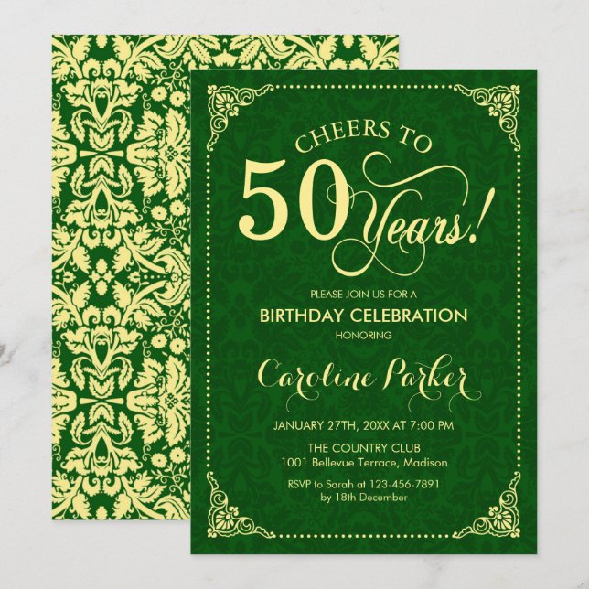 Convites 50º aniversário - Dourado Damasco Verde (Frente/Verso)