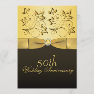 Convites 50º Aniversário Dourado e Preto Floral Revestido d